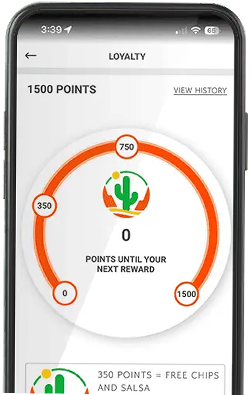 Taco Dále loyalty app showing 1,500 points and a progress ring toward the next reward