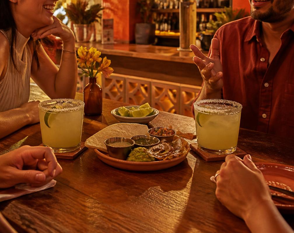 Friends sharing cantina appetizers and margaritas at a warm wooden bar