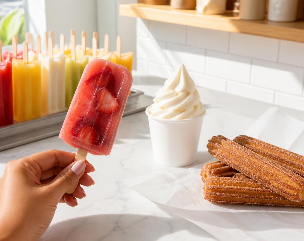 A hand holding a strawberry paleta beside churros and soft serve on a bright counter